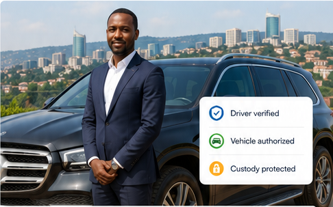 Verified DriveMe professional beside a customer-owned vehicle in Kigali